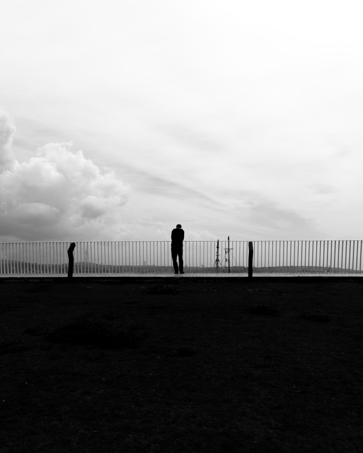 A lone figure standing by a railing under a wide sky